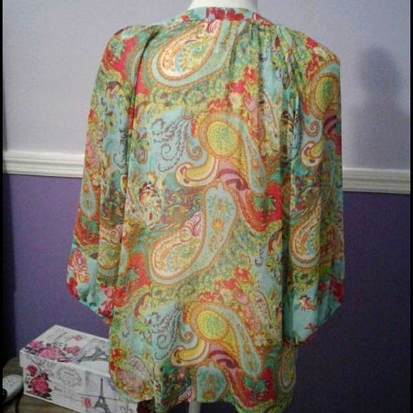 Anthropology Fig and Flower Aqua Mixed Floral Sheer Boho Top - Picture 4 of 7